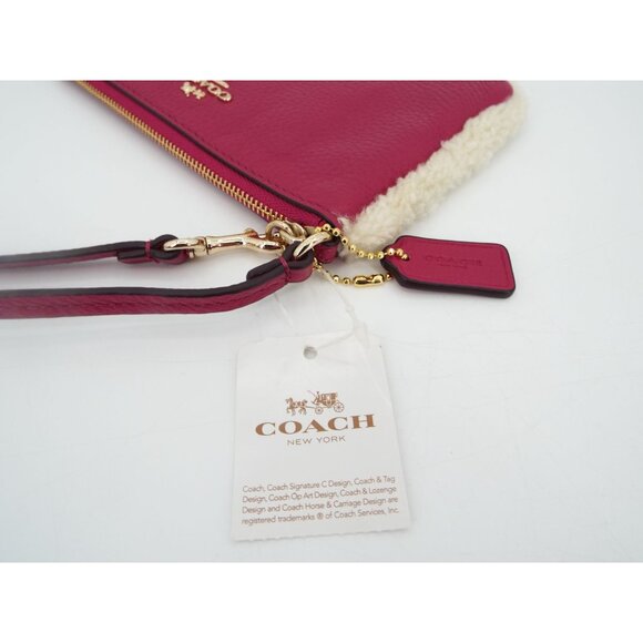 COACH Cranberry Pebbled Leather Natural Shearling Small Wristlet NWT - Picture 4 of 13